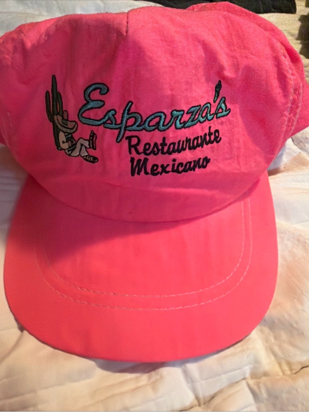 Vtg. Esparza’s Restaurant Mexicano Hat Leather Strap-Back Pink Embroidered Logo